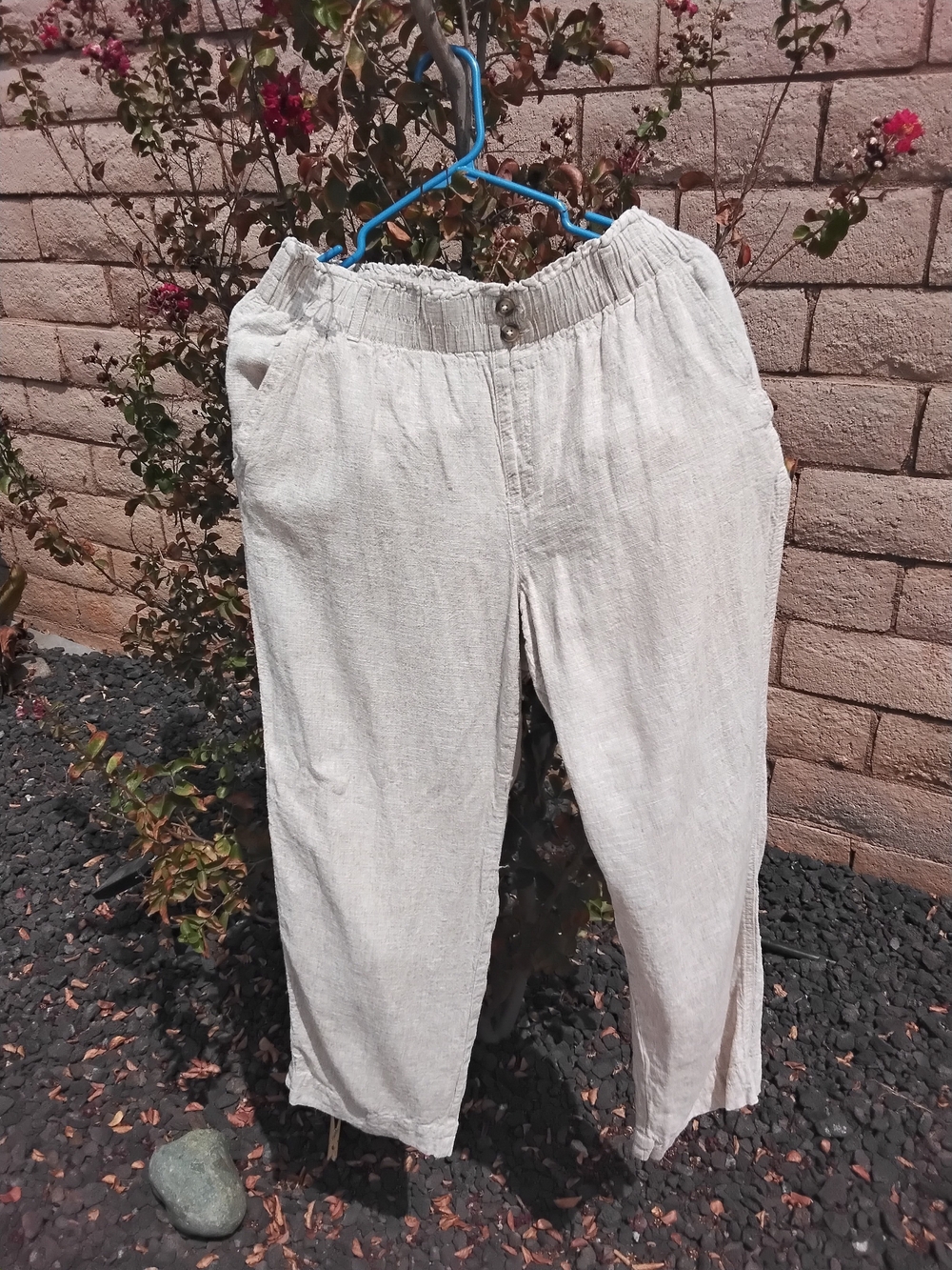 Women's Light Beige Relaxed Linen Pants - Elastic Waist